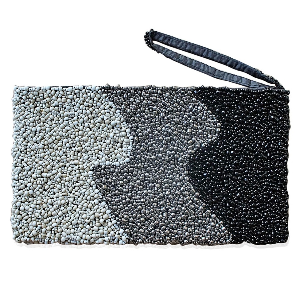 CLEARANCE Black,  Gold & White Bead Wristlet Evening Bag
